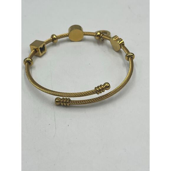 Roman Numeral Geometric Green Charms Gold Tone Stainless Steel Bangle Bracelet - Picture 5 of 10
